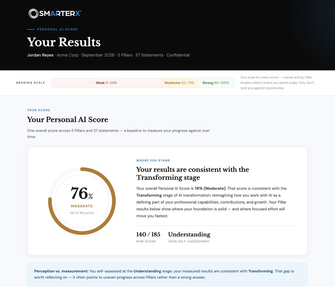 Personal AI Score results showing an overall score of 76%, Moderate