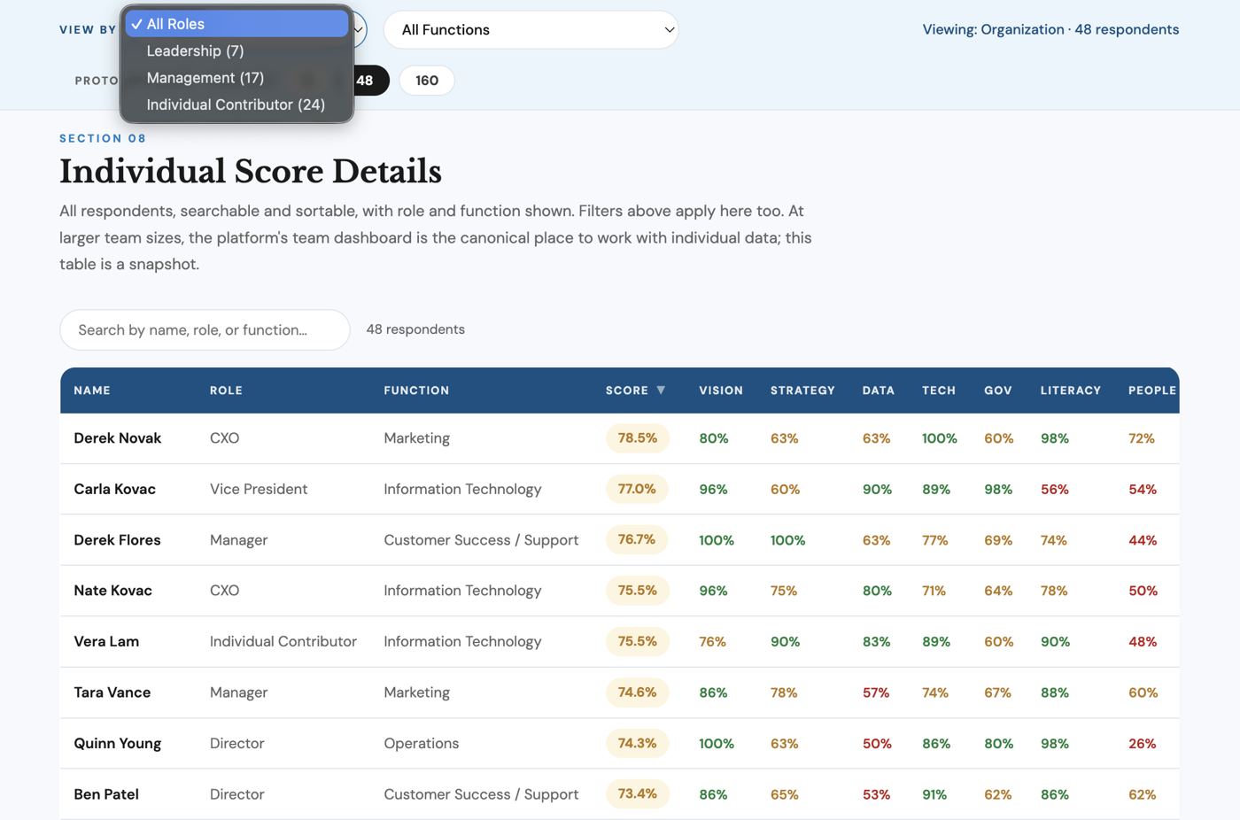 Team Report showing individual score details filtered by role and function